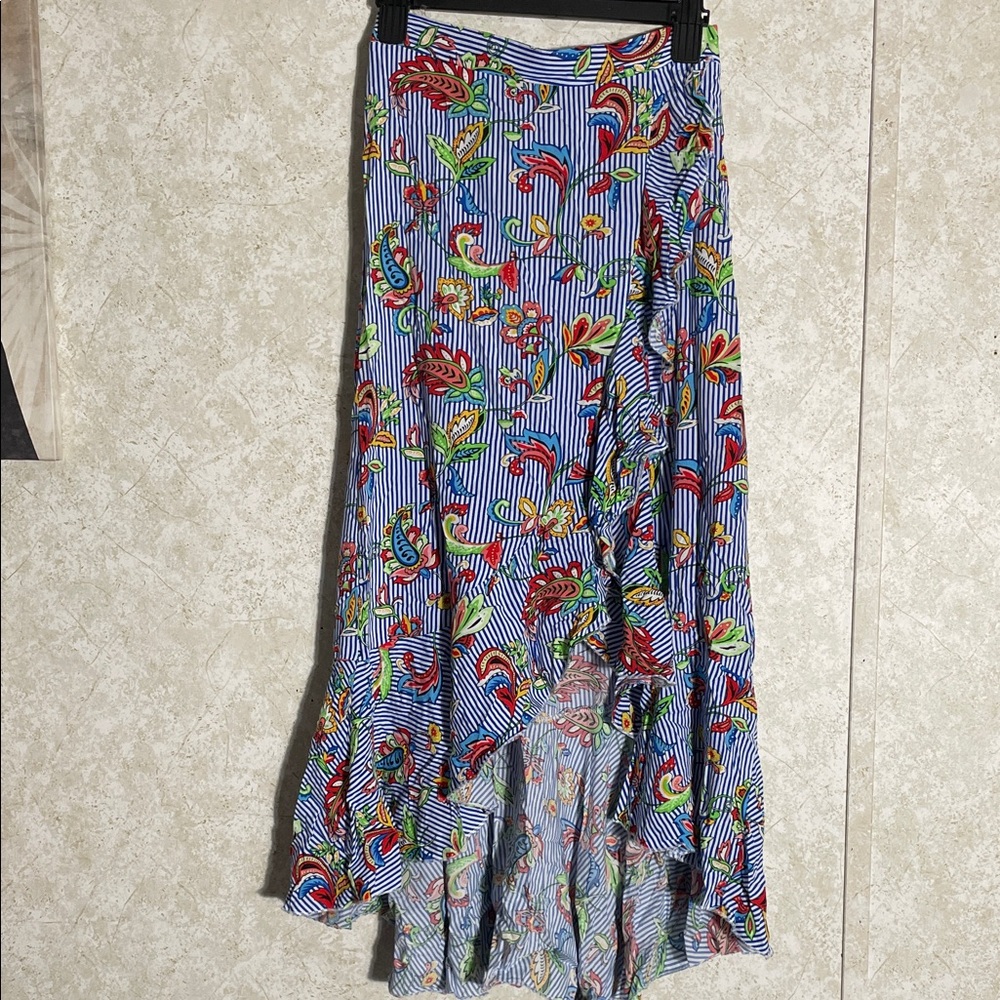 Me 2 Magic Colorful Striped Floral Maxi Skirt with Ruffle Side and Hem